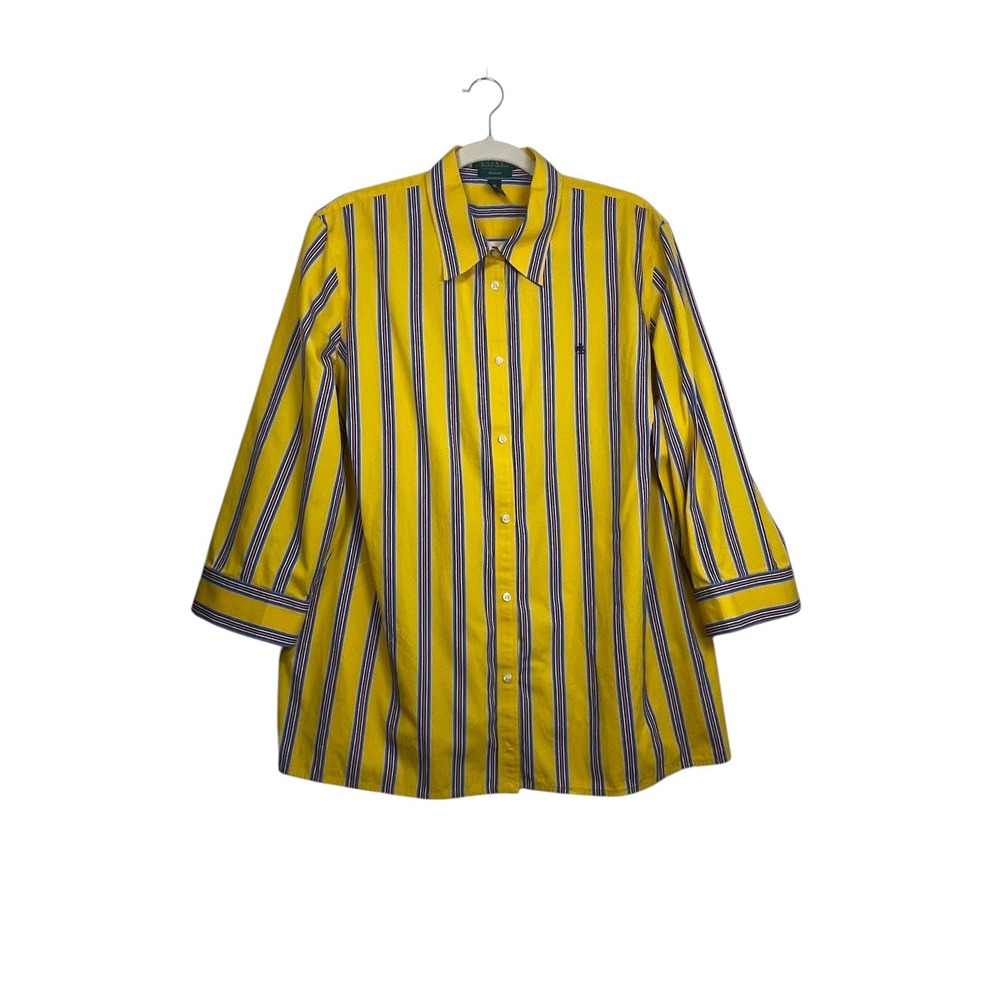 Lauren Ralph Lauren Shirt 2X Yellow Striped Cotton Button Down Preppy Office
